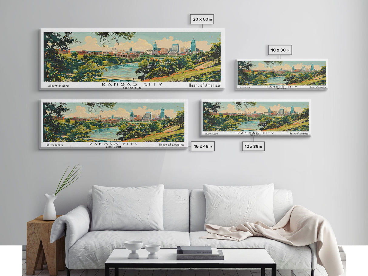 Kansas City Missouri Panoramic Painting, Mid Century Modern Framed Canvas Print, Retro Pop Art Travel Poster, Living Room Decor