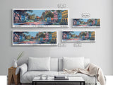 Lafayette Louisiana Panoramic Painting, Mid Century Modern Framed Canvas Print, Retro Pop Art Travel Poster, Home Wall Decor