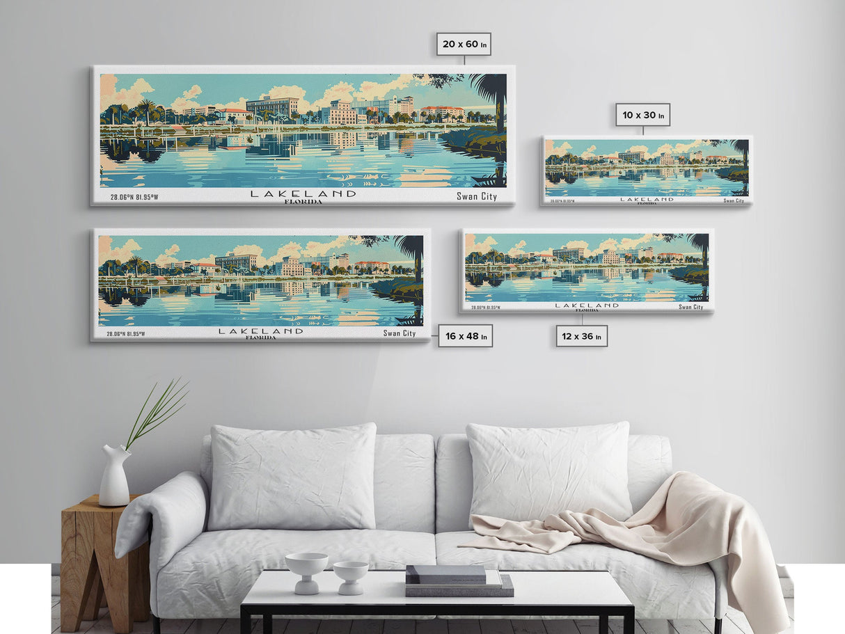 Lakeland Florida Panoramic Painting, Mid Century Modern Framed Canvas Print, Retro Pop Art Travel Poster, Home Wall Decor