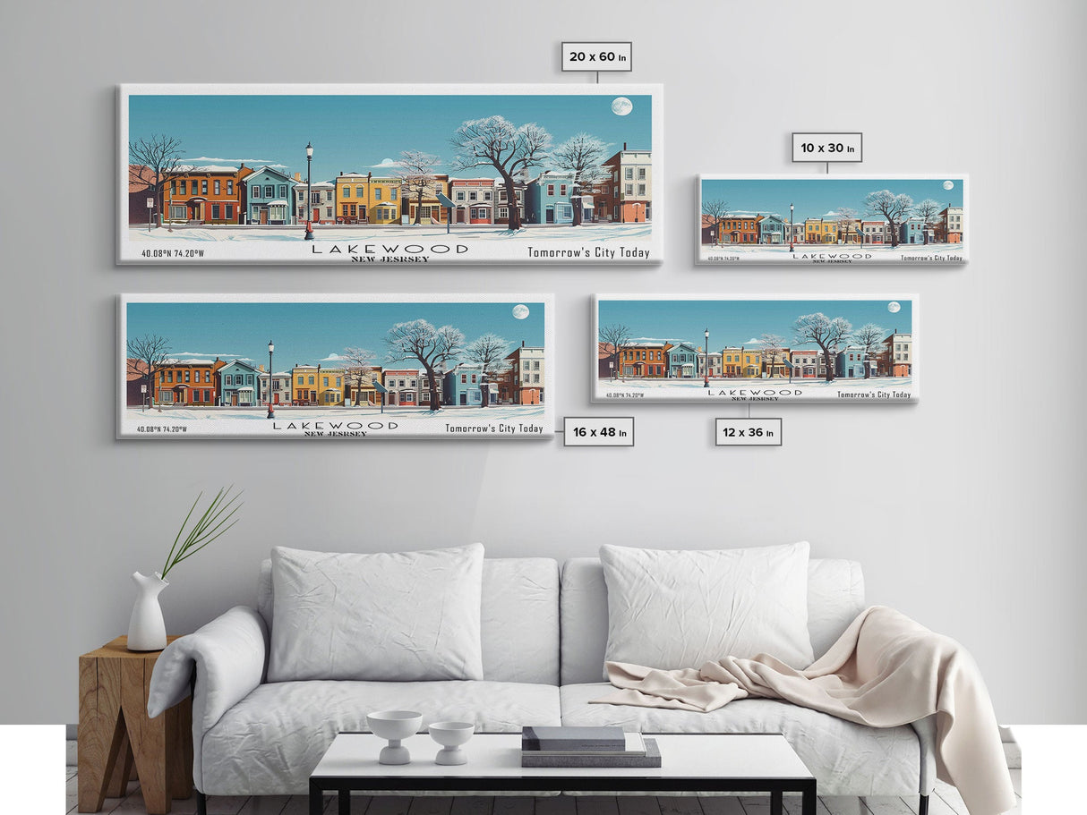 Lakewood New Jersey Panoramic Wall Art, Mid Century Modern Framed Canvas Print, Retro Pop Art Travel Poster, Living Room Art