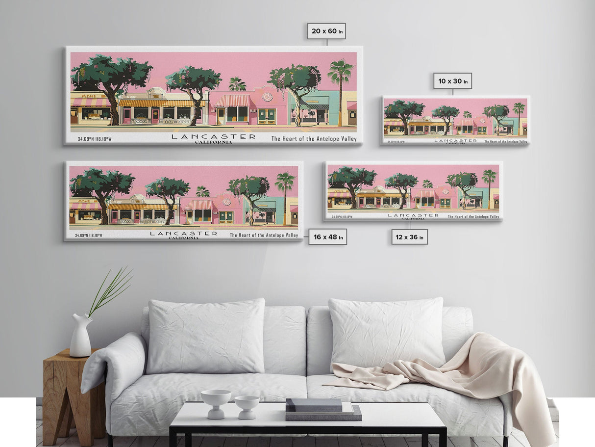 Lancaster California Panoramic Painting, Mid Century Modern Framed Canvas Print, Retro Pop Art Travel Poster, Home Decor