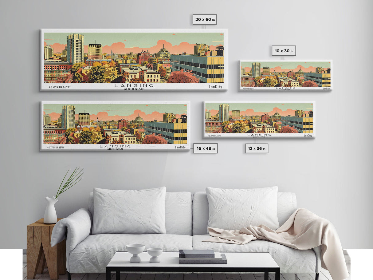 Lansing Michigan Panoramic Wall Art, Mid Century Modern Framed Canvas Print, Retro Pop Art Travel Poster, Living Room Decor