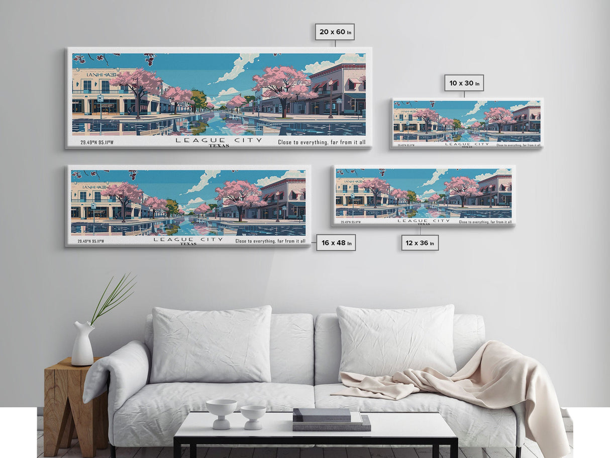 League City Texas Panoramic Painting, Mid Century Modern Framed Canvas Print, Retro Pop Art Travel Poster, Home Decor