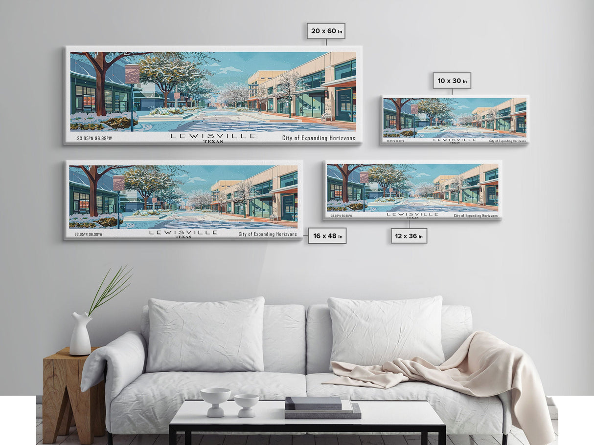 Lewisville Texas Panoramic Painting, Mid Century Modern Framed Canvas Print, Retro Pop Art Travel Poster, Living Room Decor