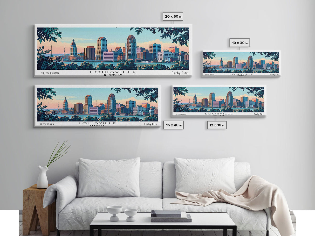 Louisville Kentucky Panoramic Wall Art, Mid Century Modern Framed Canvas Print, Retro Pop Art Travel Poster, Living Room Decor