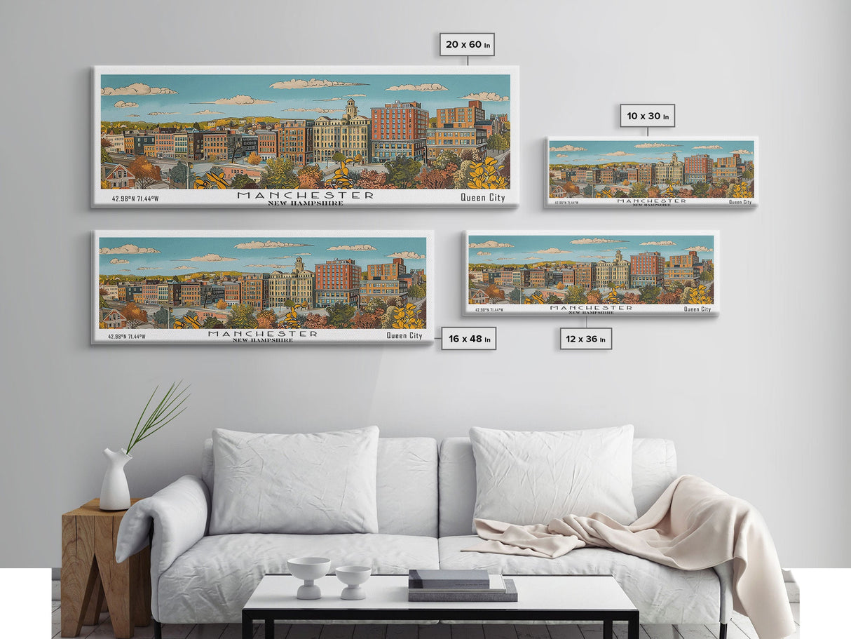 Manchester New Hampshire Panoramic Painting, Mid Century Modern Framed Canvas Print, Retro Pop Art Travel Poster, Living Room Decor