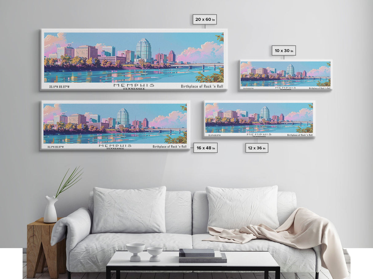 Memphis Tennessee Panoramic Painting, Mid Century Modern Framed Canvas Print, Retro Pop Art Travel Poster, Office Wall Art