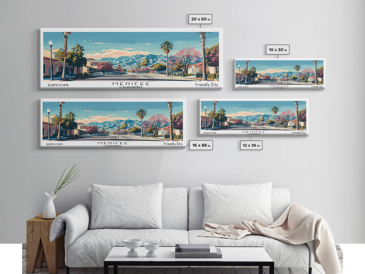 Menifee California Panoramic Wall Art, Mid Century Modern Framed Canvas Print, Retro Pop Art Travel Poster, Living Room Art