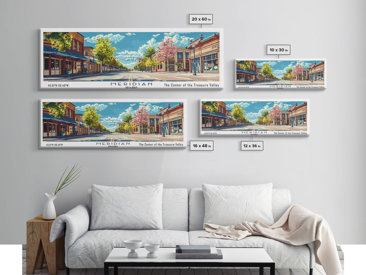 Meridian Idaho Panoramic Painting, Mid Century Modern Framed Canvas Print, Retro Pop Art Travel Poster, Home Decor