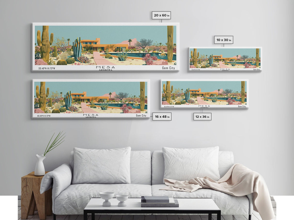 Mesa Arizona Panoramic Painting, Mid Century Modern Framed Canvas Print, Retro Pop Art Travel Poster, Office Wall Art