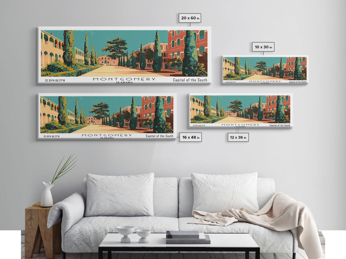 Montgomery Alabama Panoramic Wall Art, Mid Century Modern Framed Canvas Print, Retro Pop Art Travel Poster, Home Wall Art