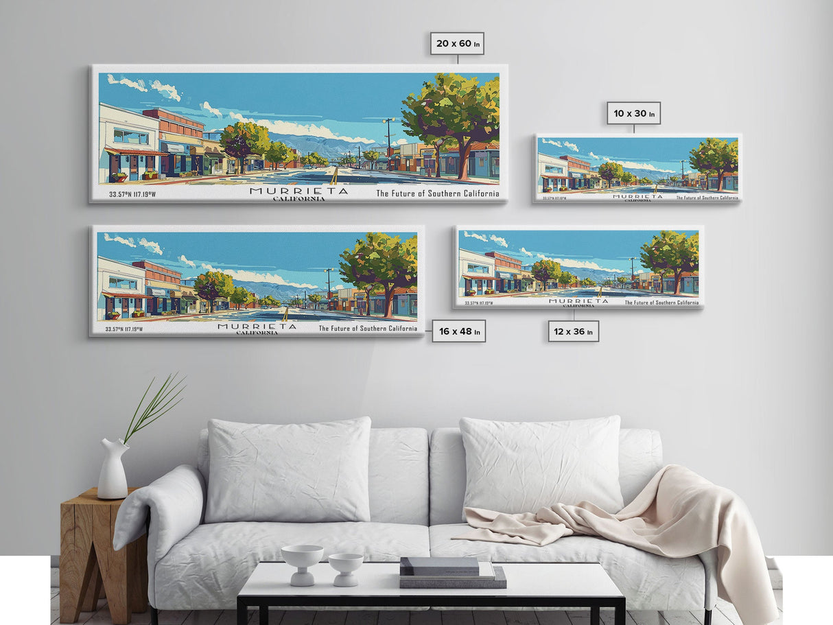 Murrieta California Panoramic Painting, Mid Century Modern Framed Canvas Print, Retro Pop Art Travel Poster, Living Room Decor