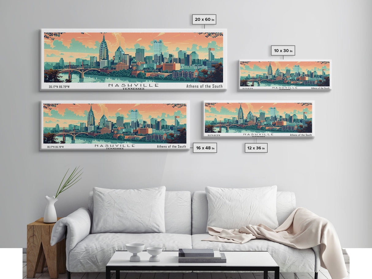 Nashville Tennessee Panoramic Wall Art, Mid Century Modern Framed Canvas Print, Retro Pop Art Travel Poster, Home Wall Decor