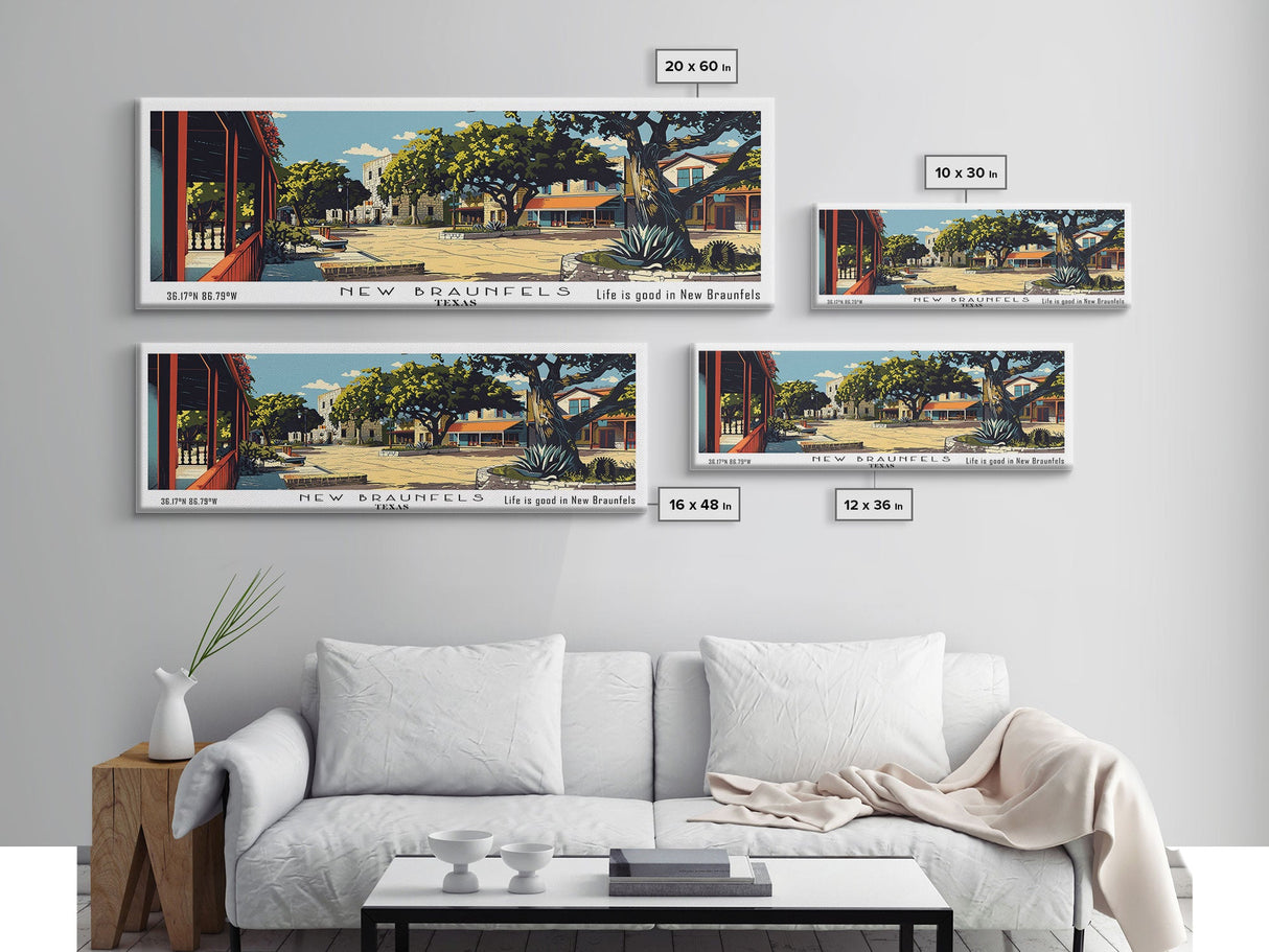 New Braunfels Texas Panoramic Painting, Mid Century Modern Framed Canvas Print, Retro Pop Art Travel Poster, Home Wall Art