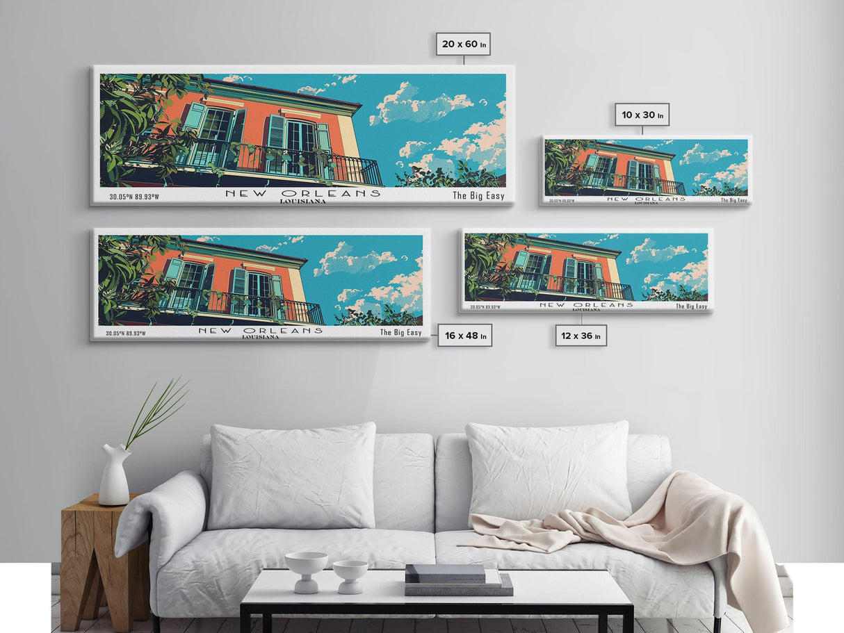 New Orleans Louisiana Panoramic Painting, Mid Century Modern Framed Canvas Print, Retro Pop Art Travel Poster, Office Decor