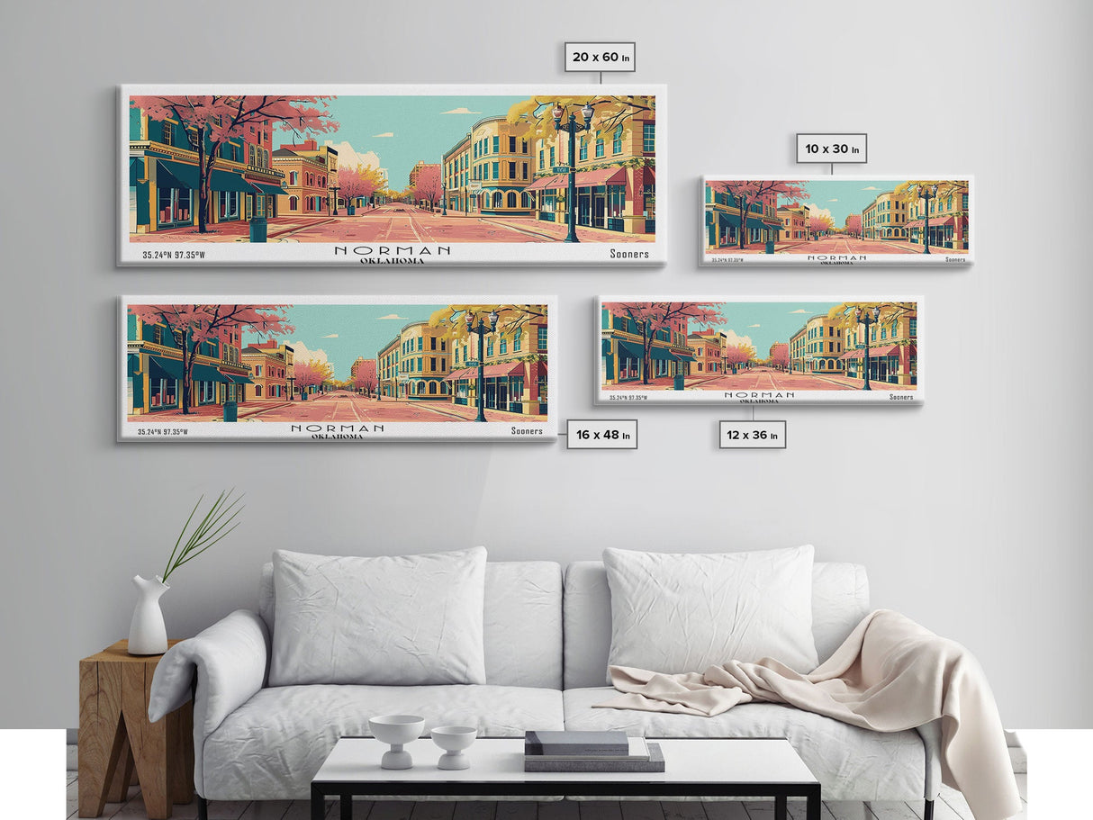 Norman Oklahoma Panoramic Wall Art, Mid Century Modern Framed Canvas Print, Retro Pop Art Travel Poster, City Art, Office Wall Decor, Living Room Art