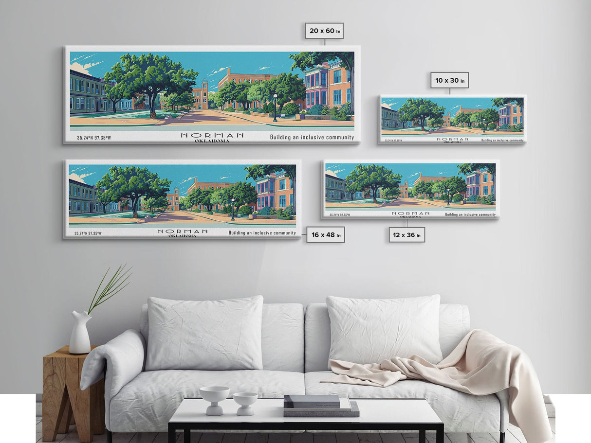 Norman Oklahoma Panoramic Wall Art, Mid Century Modern Framed Canvas Print, Retro Pop Art Travel Poster, City Art, Office Wall Decor, Living Room Art