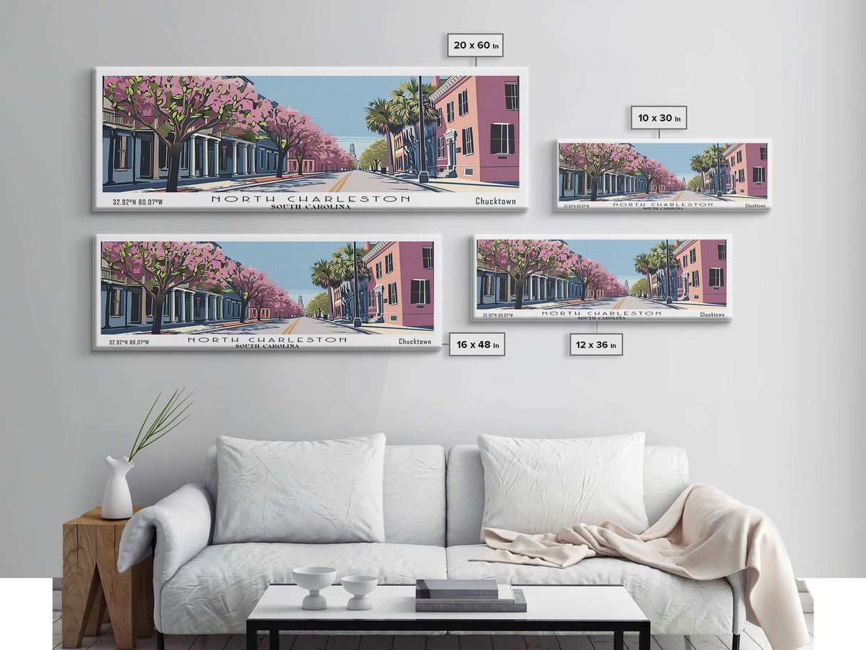 North Charleston South Carolina Panoramic Wall Art, Mid Century Modern Framed Canvas Print, Retro Pop Art Travel Poster, City Art, Office Wall Decor, Living Room Art