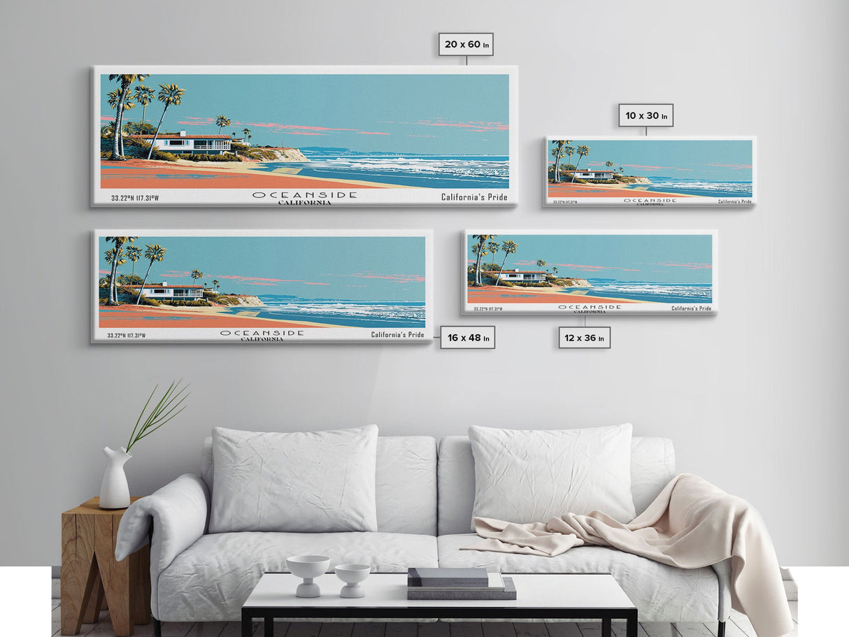 Oceanside California Panoramic Wall Art, Mid Century Modern Framed Canvas Print, Retro Pop Art Travel Poster, City Art, Office Wall Decor, Living Room Art