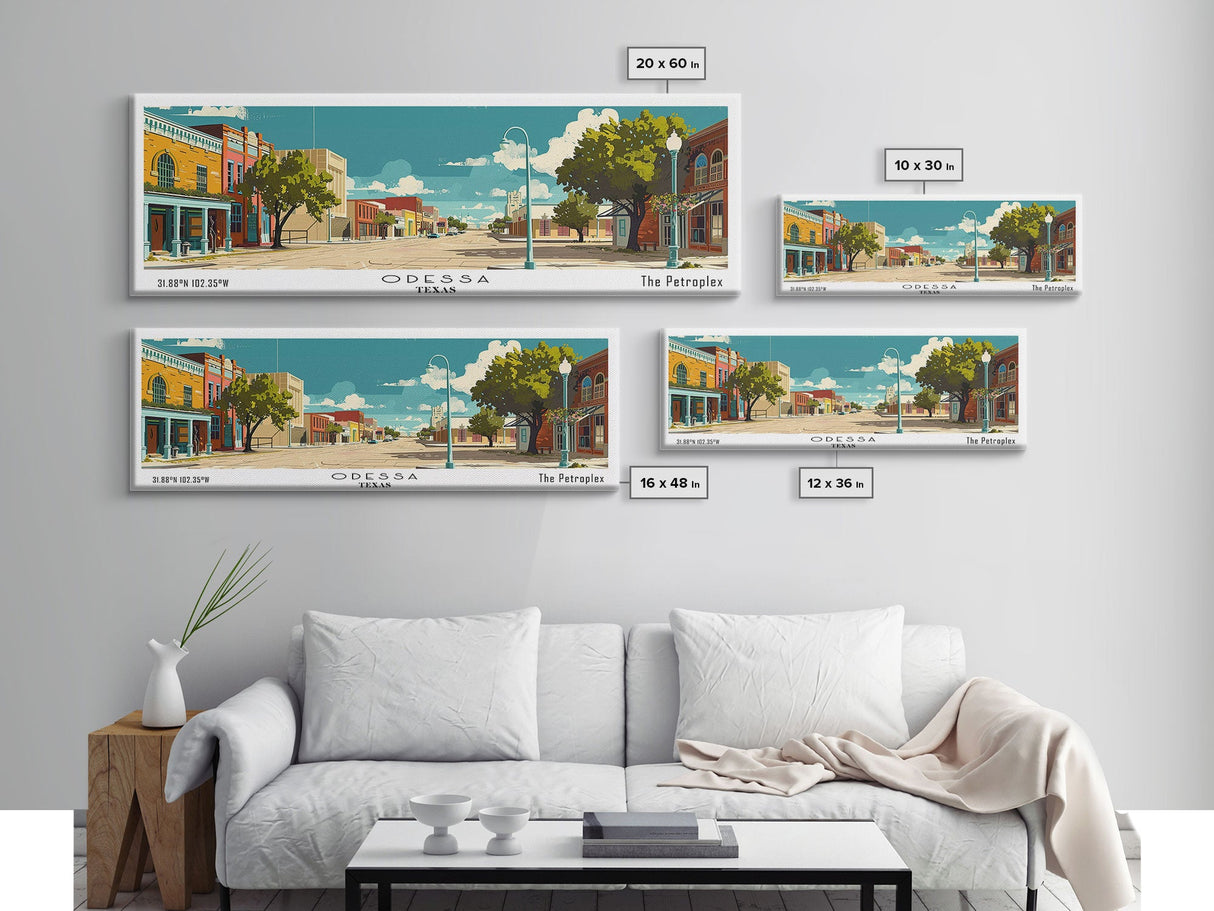 Odessa Texas Panoramic Wall Art, Mid Century Modern Framed Canvas Print, Retro Pop Art Travel Poster, City Art, Office Wall Decor, Living Room Art