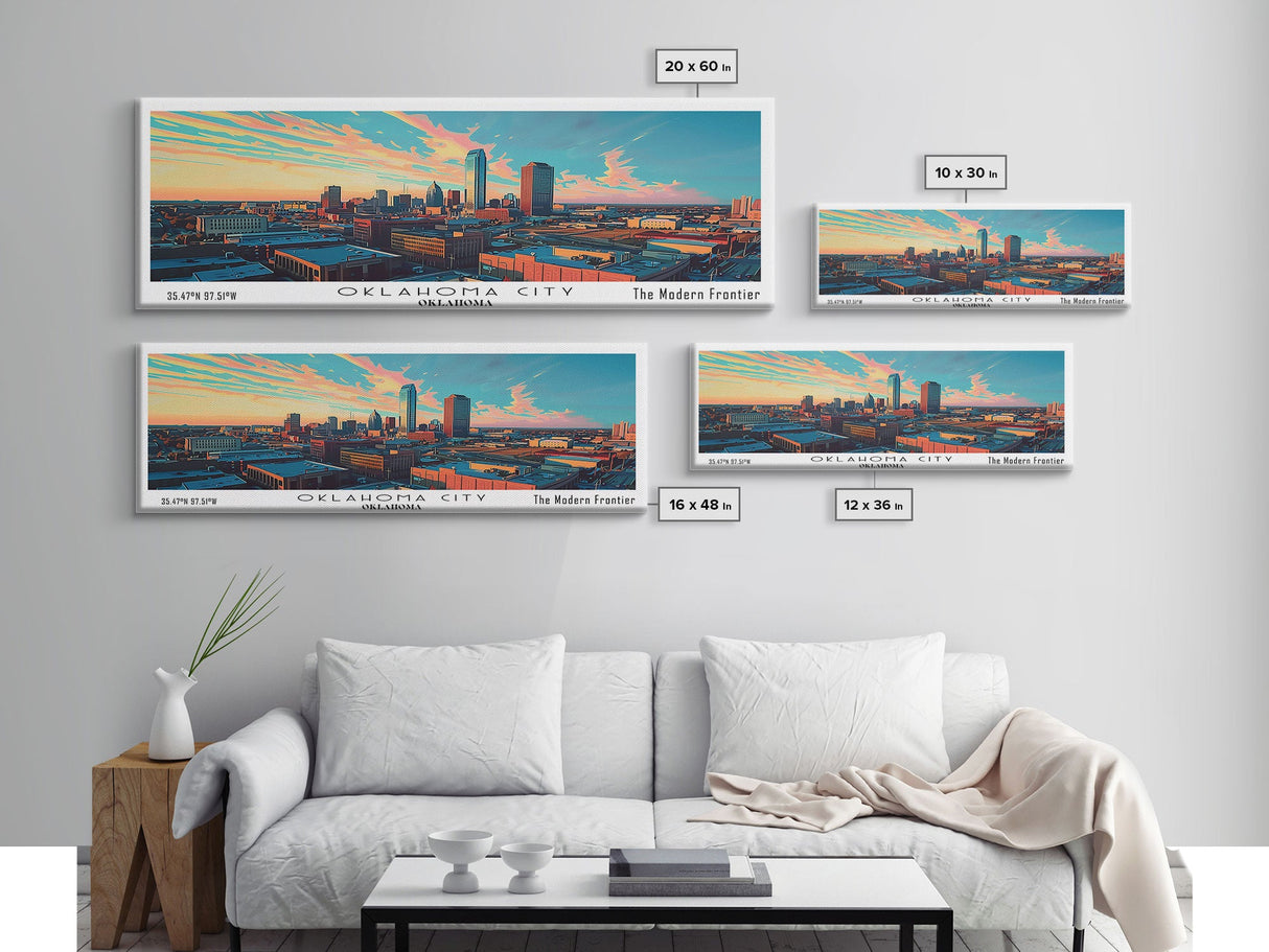 Oklahoma City Oklahoma Panoramic Painting, Mid Century Modern Framed Canvas Print, Retro Pop Art Travel Poster, City Art, Office Wall Decor, Living Room Art