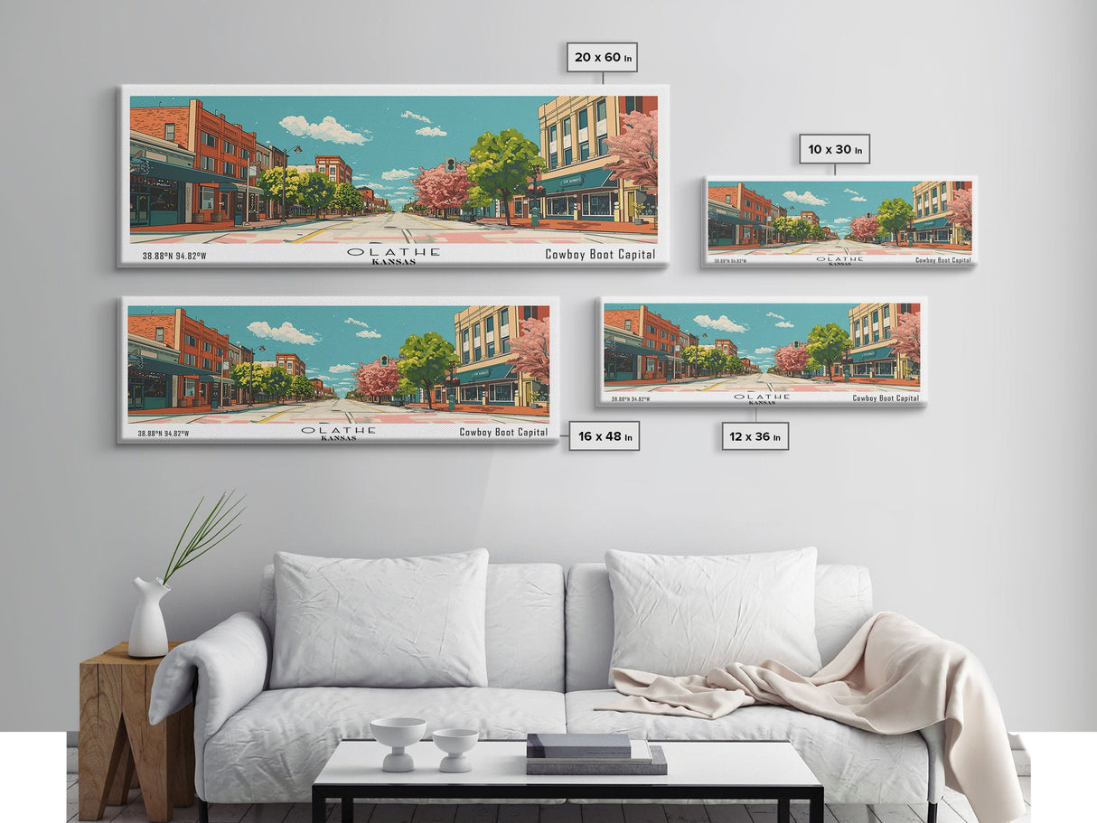 Olathe Kansas Panoramic Wall Art, Mid Century Modern Framed Canvas Print, Retro Pop Art Travel Poster, City Art, Office Wall Decor, Living Room Art