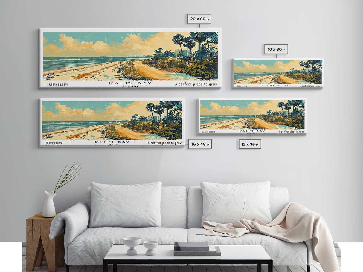 Palm Bay Florida Panoramic Wall Art, Mid Century Modern Framed Canvas Print, Retro Pop Art Travel Poster, City Art, Office Wall Decor, Living Room Art