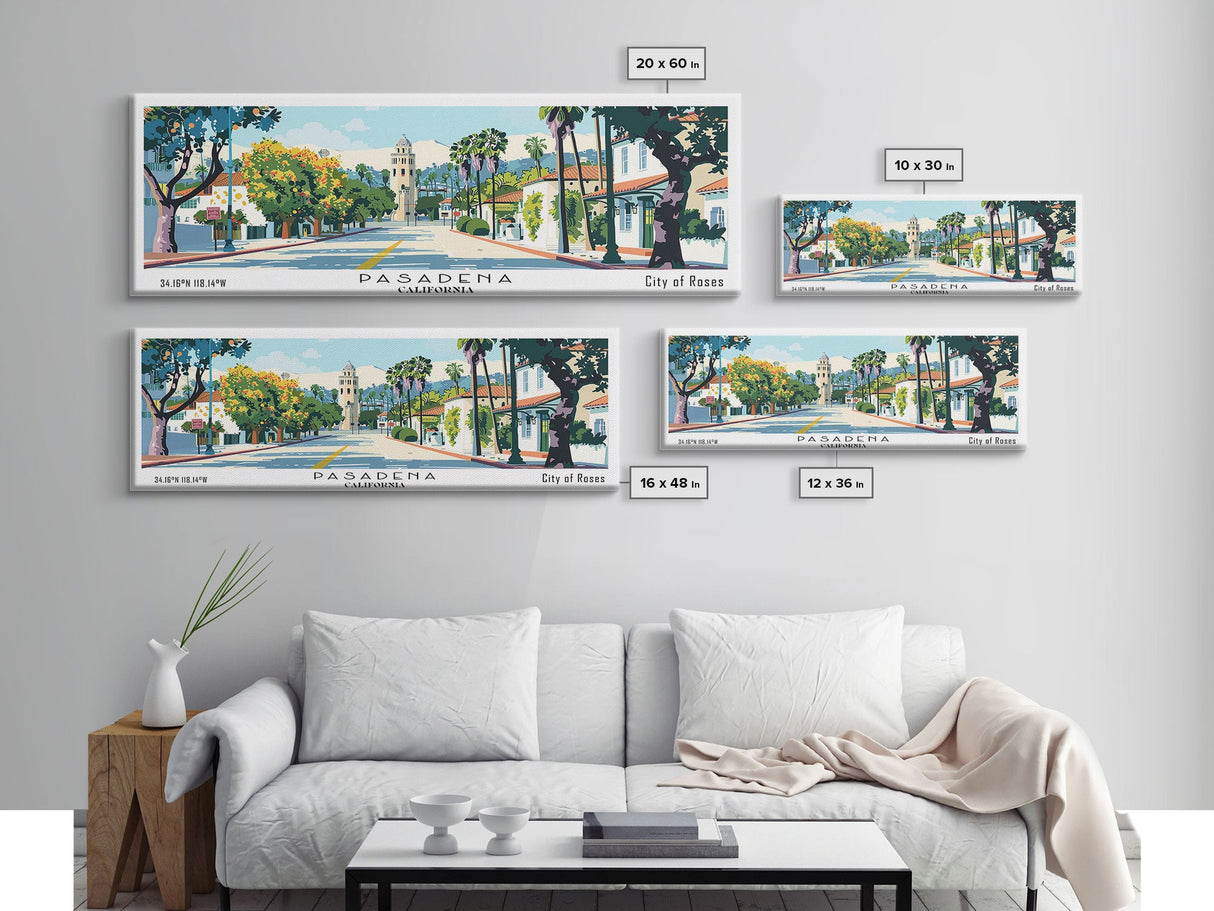 Pasadena California Panoramic Painting, Mid Century Modern Framed Canvas Print, Retro Pop Art Travel Poster, City Art, Office Wall Decor, Living Room Art