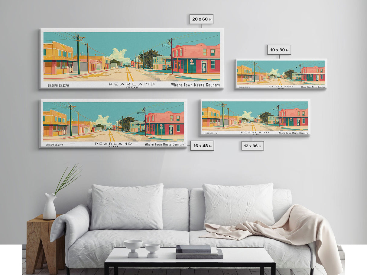 Pearland Texas Panoramic Painting, Mid Century Modern Framed Canvas Print, Retro Pop Art Travel Poster, City Art, Office Wall Decor, Living Room Art