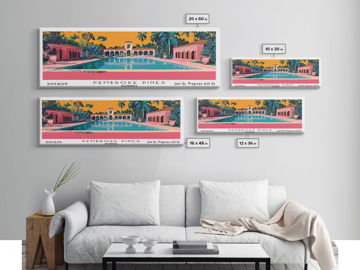 Pembroke Pines Florida Panoramic Wall Art, Mid Century Modern Framed Canvas Print, Retro Pop Art Travel Poster, City Art, Office Wall Decor, Living Room Art