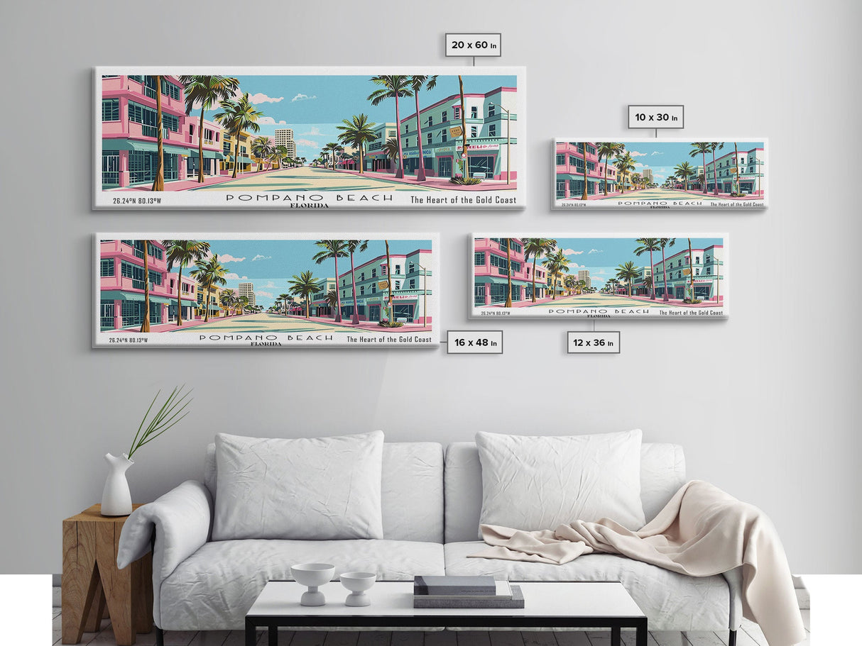 Pompano Beach Florida Panoramic Painting, Mid Century Modern Framed Canvas Print, Retro Pop Art Travel Poster, City Art, Office Wall Decor, Living Room Art