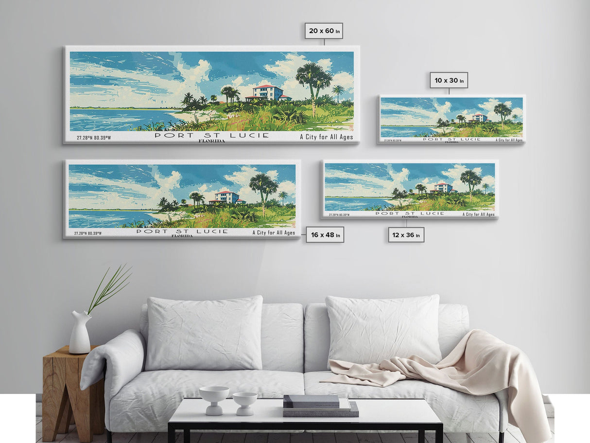 Port St. Lucie Florida Panoramic Painting, Mid Century Modern Framed Canvas Print, Retro Pop Art Travel Poster, City Art, Office Wall Decor, Living Room Art