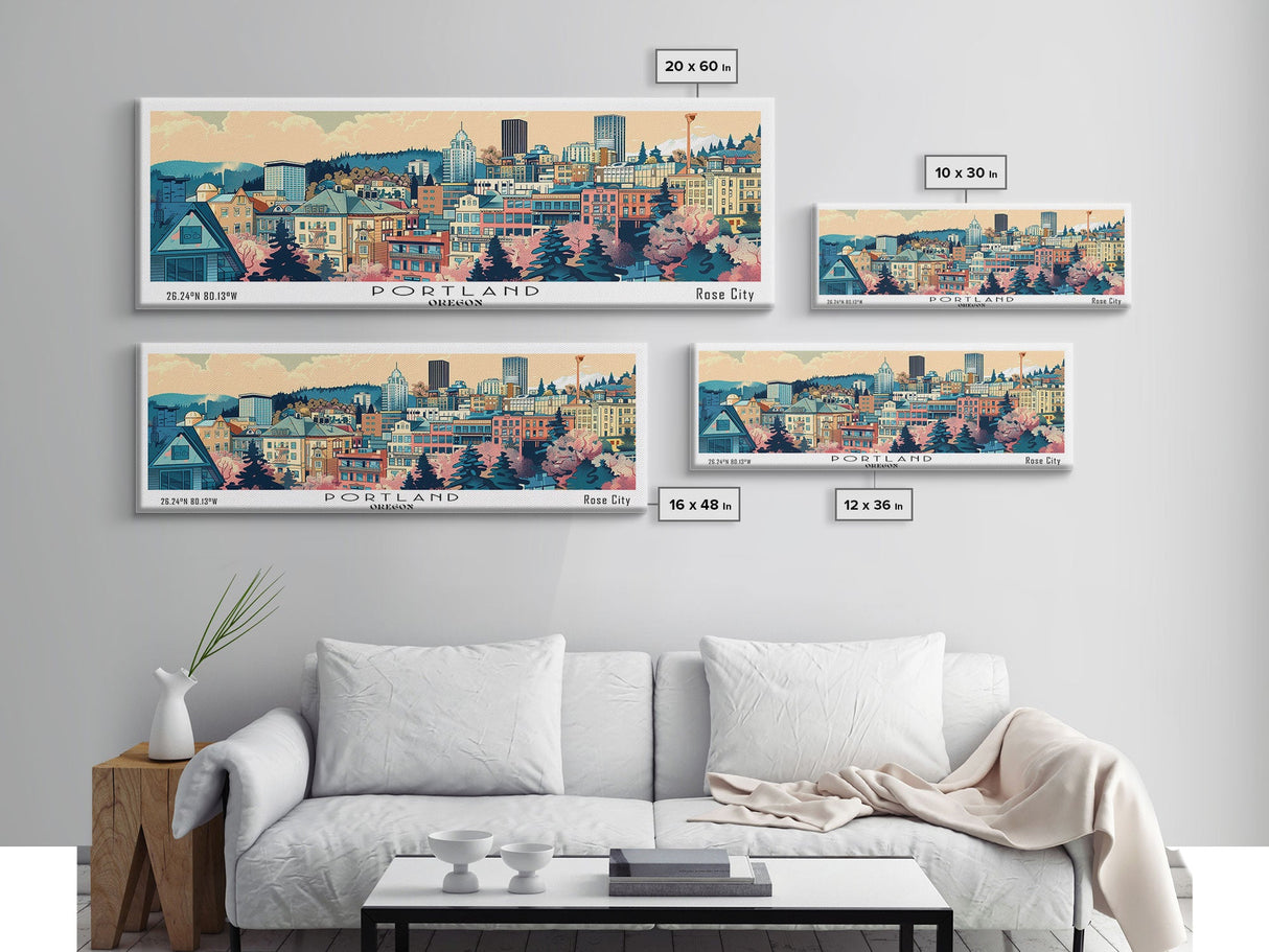 Portland Oregon Panoramic Wall Art, Mid Century Modern Framed Canvas Print, Retro Pop Art Travel Poster, City Art, Office Wall Decor, Living Room Art