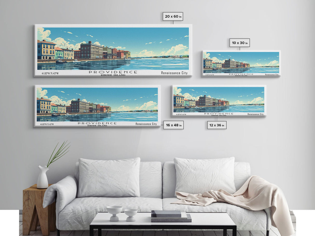 Providence Rhode Island Panoramic Wall Art, Mid Century Modern Framed Canvas Print, Retro Pop Art Travel Poster, City Art, Office Wall Decor, Living Room Art