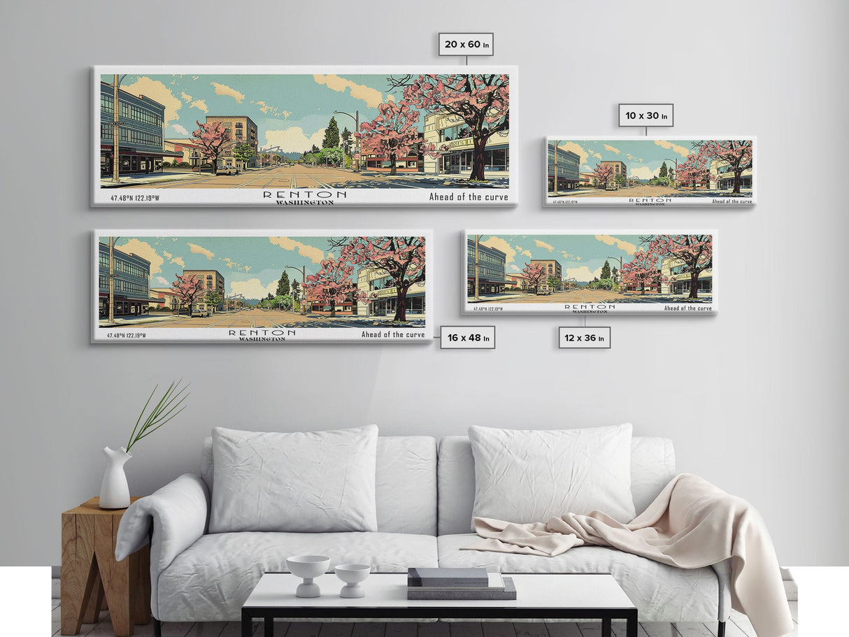 Renton Washington Panoramic Wall Art, Mid Century Modern Framed Canvas Print, Retro Pop Art Travel Poster, City Art, Office Wall Decor, Living Room Art