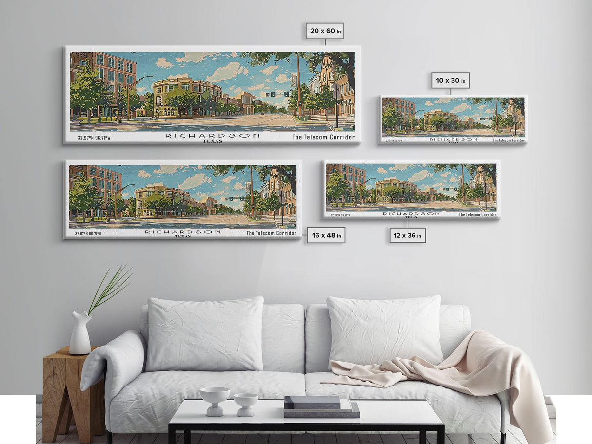 Richardson Texas Panoramic Painting, Mid Century Modern Framed Canvas Print, Retro Pop Art Travel Poster, City Art, Office Wall Decor, Living Room Art