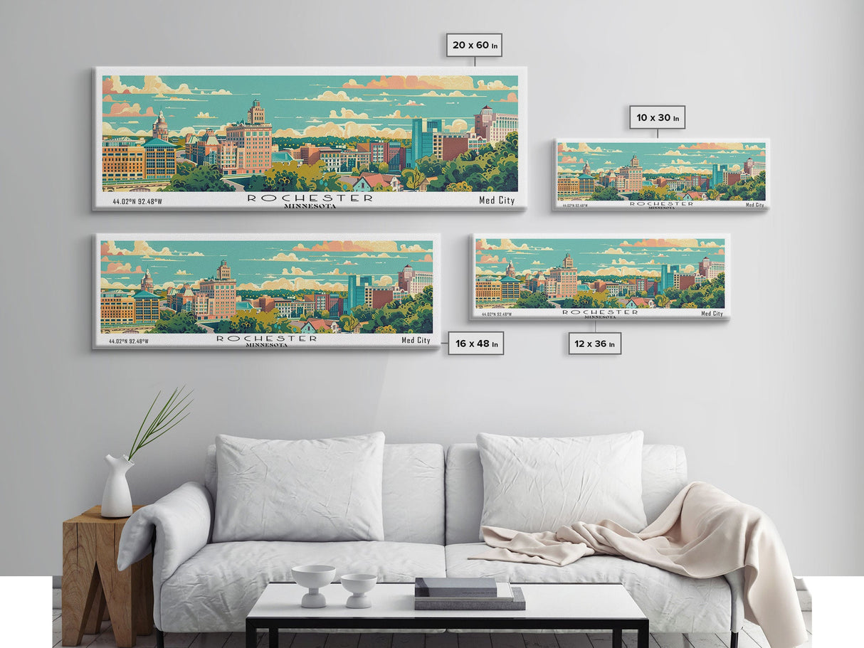 Rochester Minnesota Panoramic Wall Art, Mid Century Modern Framed Canvas Print, Retro Pop Art Travel Poster, City Art, Office Wall Decor, Living Room Art