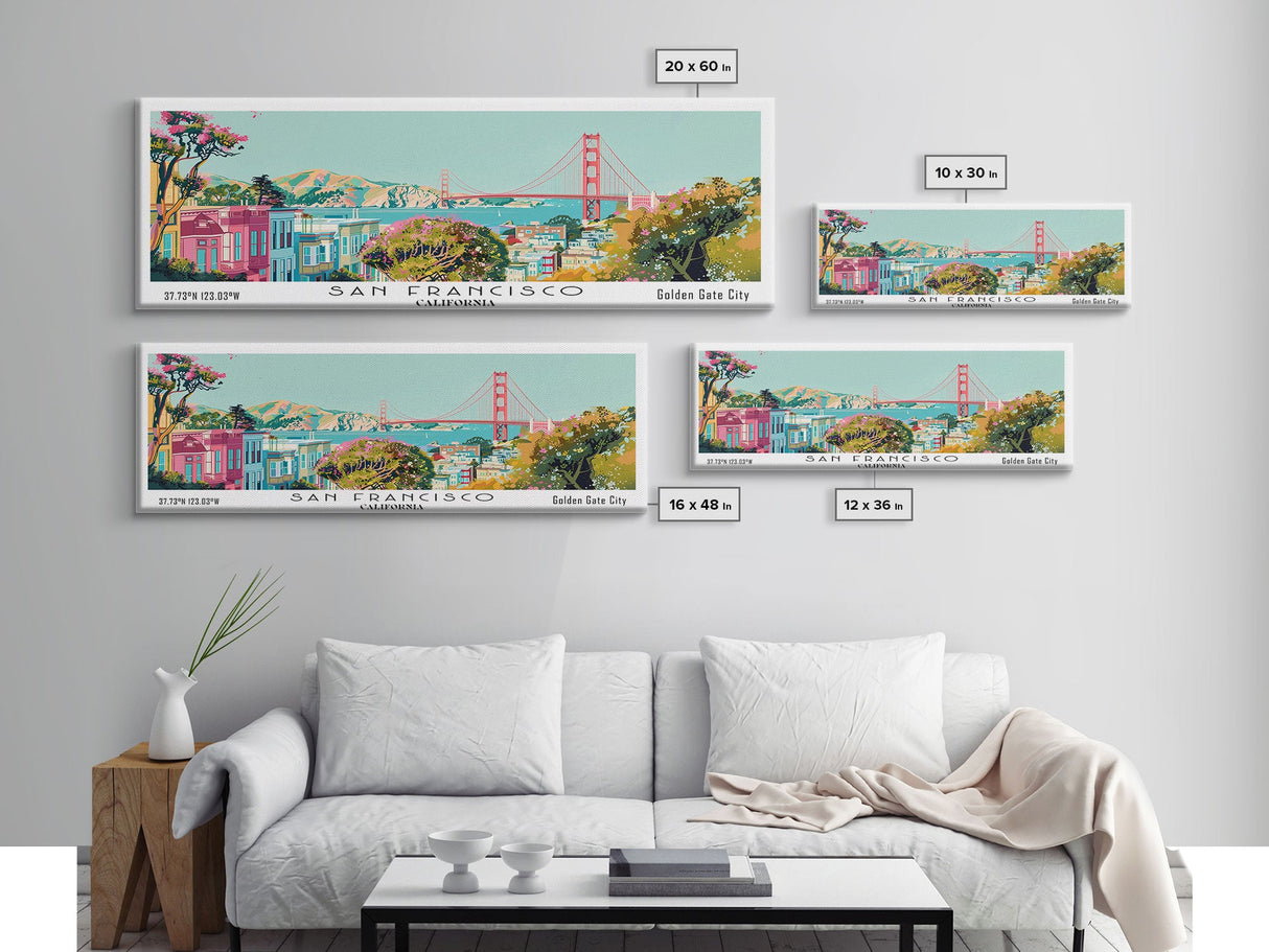 San Francisco California Panoramic Wall Art, Mid Century Modern Framed Canvas Print, Retro Pop Art Travel Poster, City Art, Office Wall Decor, Living Room Art