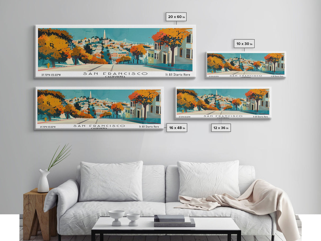 San Francisco California Panoramic Wall Art, Mid Century Modern Framed Canvas Print, Retro Pop Art Travel Poster, City Art, Office Wall Decor, Living Room Art