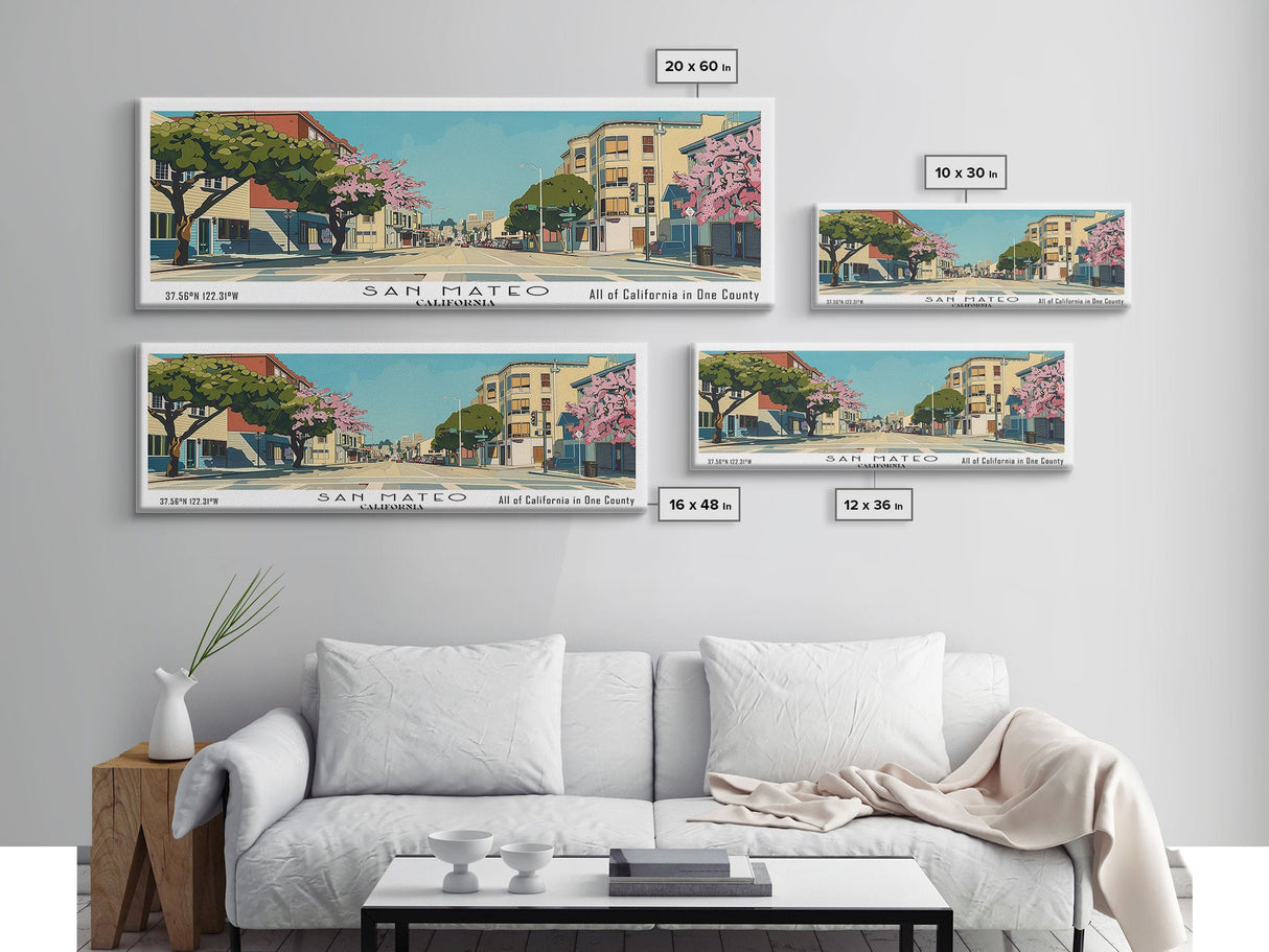 San Mateo California Panoramic Wall Art, Mid Century Modern Framed Canvas Print, Retro Pop Art Travel Poster, City Art, Office Wall Decor, Living Room Art