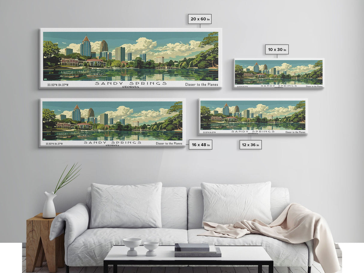 Sandy Springs Georgia Panoramic Painting, Mid Century Modern Framed Canvas Print, Retro Pop Art Travel Poster, City Art, Office Wall Decor, Living Room Art