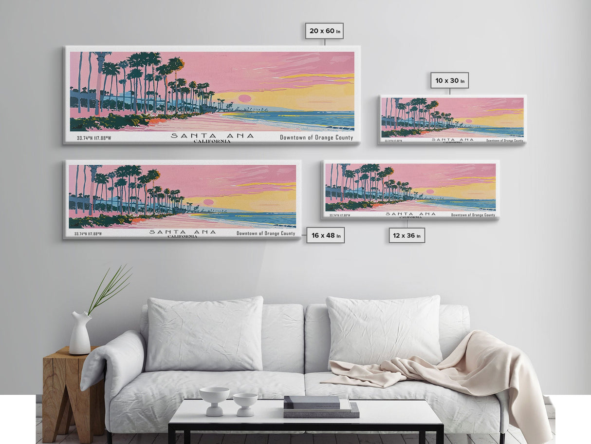 Santa Ana California Panoramic Painting, Mid Century Modern Framed Canvas Print, Retro Pop Art Travel Poster, City Art, Office Wall Decor, Living Room Art