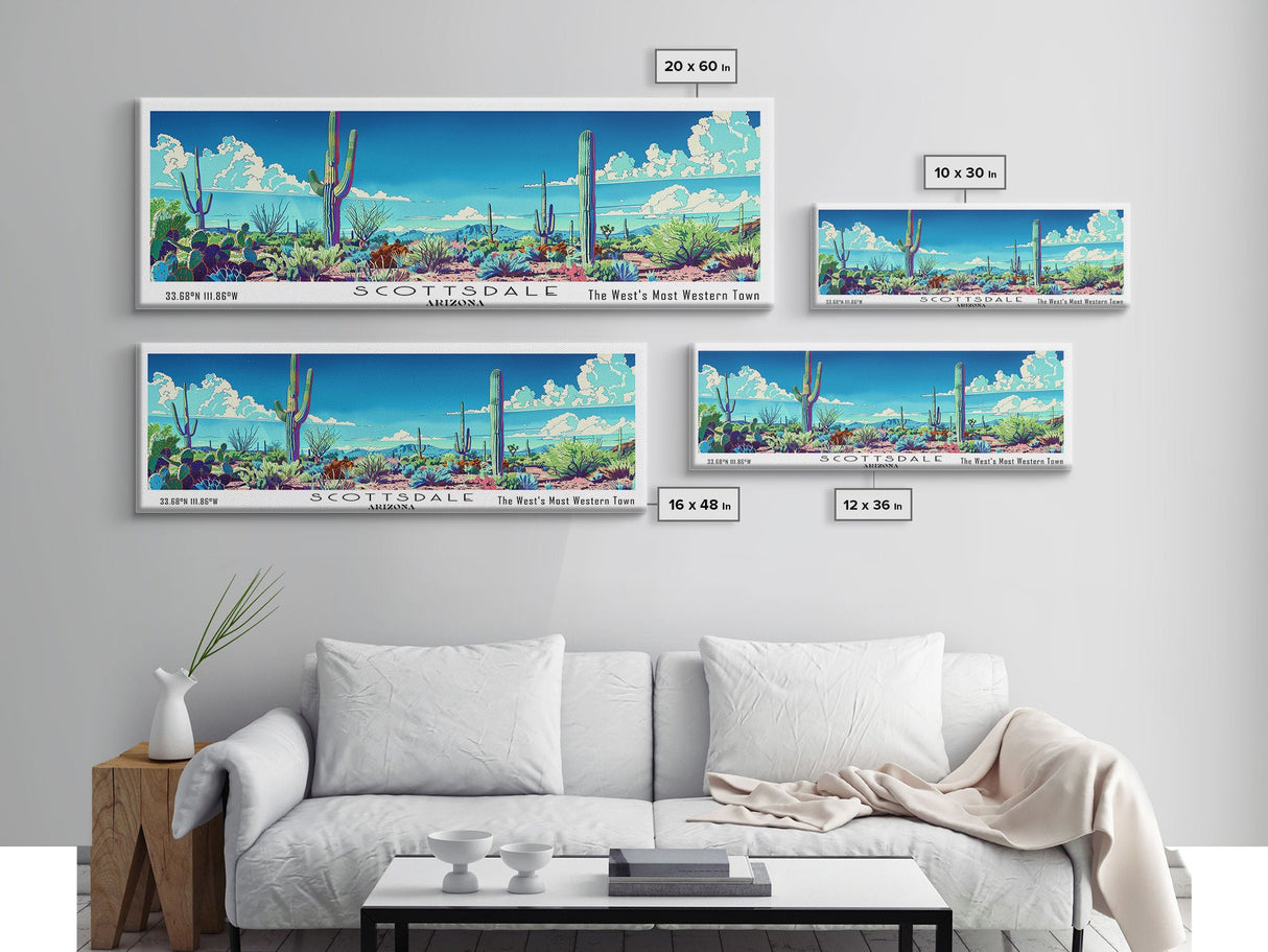 Scottsdale Arizona Panoramic Painting, Mid Century Modern Framed Canvas Print, Retro Pop Art Travel Poster, Wall Hanging for Home Decor