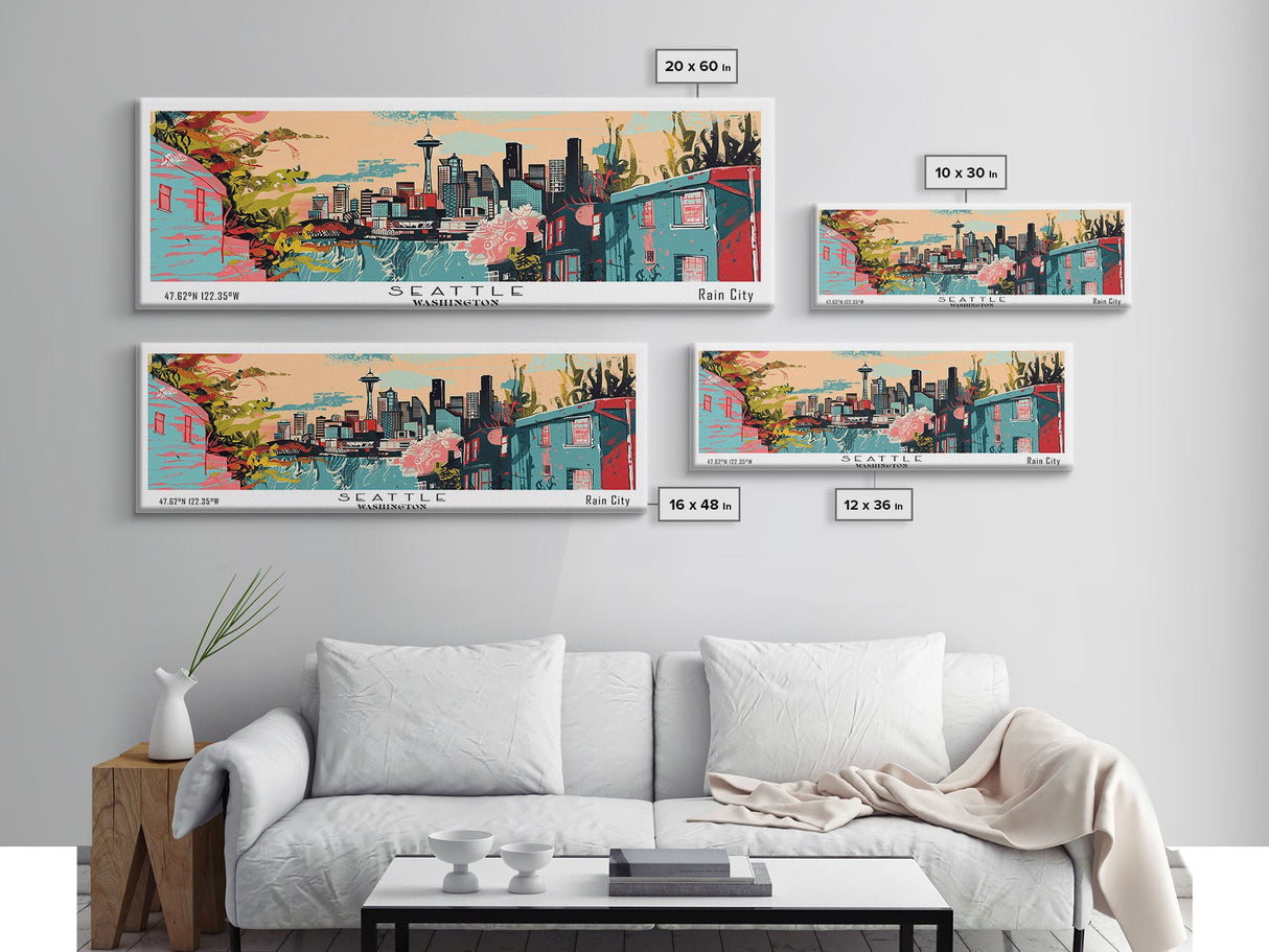 Seattle Washington Panoramic Art, Mid Century Modern Framed Canvas Print, Retro Pop Art Travel Poster, Office Wall Art, Home Decoration