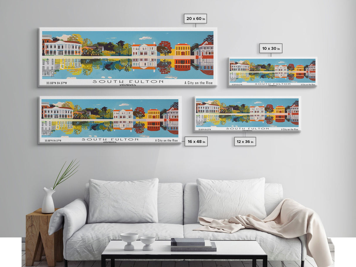 South Fulton Georgia Panoramic Wall Art, Mid Century Modern Framed Canvas Print, Retro Pop Art Travel Poster, Office Wall Decor and Gift Idea