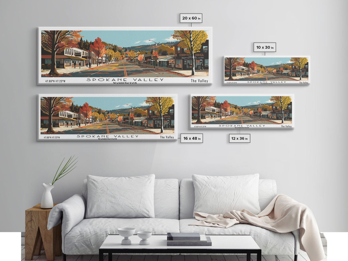 Spokane Valley Washington Panoramic Painting, Mid Century Modern Framed Canvas Print, Retro Pop Art Travel Poster, Wall Hanging for Home Decor