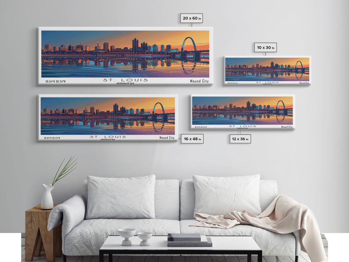 St. Louis Missouri Panoramic Painting, Mid Century Modern Framed Canvas Print, Retro Pop Art Travel Poster, Home and Office Wall Art Decor