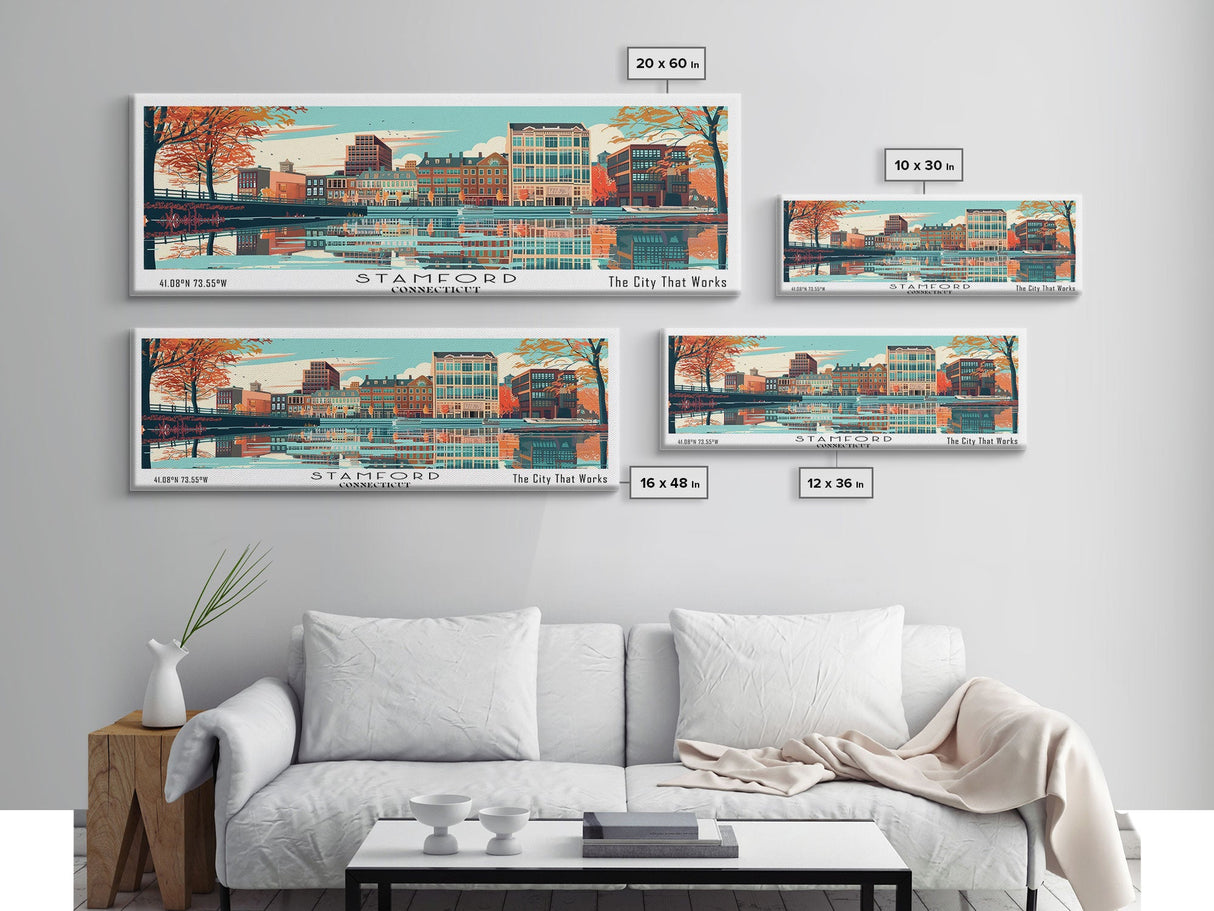 Stamford Connecticut Panoramic Painting, Mid Century Modern Framed Canvas Print, Retro Pop Art Travel Poster, Wall Hanging for Home Decor