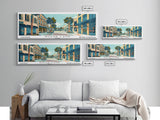 Sugarland Texas Panoramic Painting, Mid Century Modern Framed Canvas Print, Retro Pop Art Travel Poster, Living Room Wall Art Decor