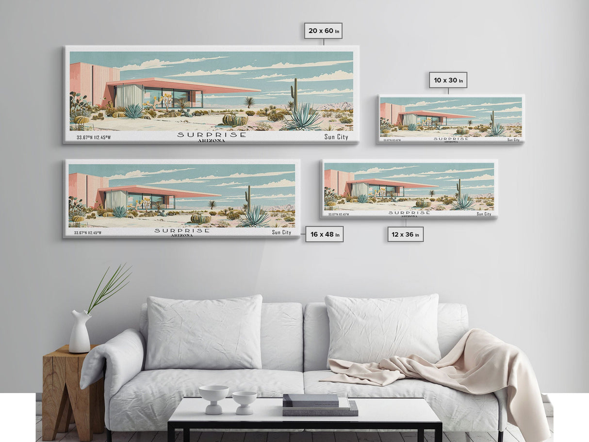 Surprise Arizona Panoramic Wall Art, Mid Century Modern Framed Canvas Print, Retro Pop Art Travel Poster, Office Wall Decor and Gift Idea